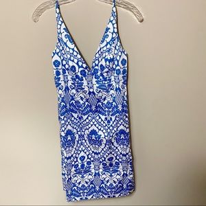 Milly blue and white design cocktail dress